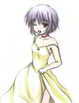  bangs choker cosplay dress johnny_(from_scratch) nagato_yuki neon_genesis_evangelion one_eye_closed open_mouth purple_hair short_hair smile solo souryuu_asuka_langley souryuu_asuka_langley_(cosplay) strap_slip suzumiya_haruhi_no_yuuutsu yellow_dress 