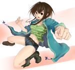  bad_id bad_pixiv_id boots denim denim_shorts jacket maruki_(nanana) nanana original punching shorts solo 