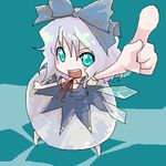  1girl bow cirno foreshortening hands kintaro lowres oekaki pointing smile solo touhou 