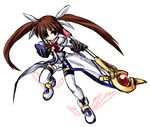  bad_id bad_pixiv_id blue_eyes blush bow bowtie brown_hair dress fighting_stance fingerless_gloves full_body gloves left-handed long_hair long_sleeves looking_at_viewer lyrical_nanoha magical_girl mahou_shoujo_lyrical_nanoha_strikers miniskirt polearm puffy_sleeves raising_heart red_bow red_neckwear rod shoes simple_background skirt solo sphere staff standing takamachi_nanoha twintails very_long_hair w waist_cape weapon white_background white_dress winged_shoes wings yuuka_(o.t.kingdom) 