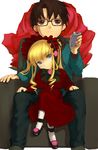  1girl black-framed_eyewear blonde_hair blue_eyes bonnet controller doll drill_hair glasses height_difference long_sleeves looking_at_viewer negy pants remote_control rozen_maiden sakurada_jun shinku sidelocks simple_background sweater twin_drills twintails white_background 
