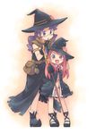  :d ankle_lace-up child cross-laced_footwear fantasy hand_on_headwear hat kanzaki_hiro multiple_girls open_mouth original panties purple_eyes purple_hair red_eyes red_hair smile staff striped striped_panties underwear v-shaped_eyebrows witch_hat 