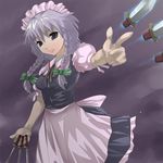  4hands between_fingers bow braid hair_bow izayoi_sakuya knife short_hair silver_hair solo throwing_knife touhou twin_braids weapon 