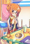  alternate_hairstyle doughnut food glasses green_eyes hamayumiba_sou idolmaster idolmaster_(classic) idolmaster_live_for_you! mister_donut nail_polish orange_hair pink_nails pon_de_lion sitting solo takatsuki_yayoi 