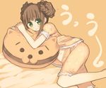  alternate_hairstyle bed brown_hair food green_eyes hamburger idolmaster idolmaster_(classic) idolmaster_live_for_you! kashiwamochi_yomogi lying midriff navel pajamas pillow smile solo takatsuki_yayoi 