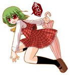  arayama_reiichi ascot black_legwear closed_umbrella fang full_body green_hair kazami_yuuka mary_janes parasol plaid plaid_skirt plaid_vest red_eyes shoes skirt skirt_set solo thighhighs touhou umbrella vest wavy_hair white_background 