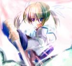  artist_request blue_eyes brown_hair closed_mouth dress expressionless hair_between_eyes long_sleeves looking_at_viewer lyrical_nanoha magical_girl mahou_shoujo_lyrical_nanoha raising_heart short_hair simple_background solo takamachi_nanoha twintails upper_body white_background white_dress 