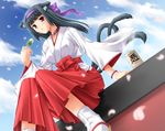  animal_ears black_hair cat_ears cat_tail cherry_blossoms cloud collar day eating hair_ribbon hakama japanese_clothes miko miyai_sen multiple_tails original red_eyes red_hakama ribbon sandals sky solo tail 