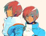  bangs beige_background closed_mouth gundam gundam_seed high_collar kira_yamato looking_at_viewer looking_away male_focus multiple_views profile purple_eyes red_eyes red_hair ree_(neo-de) turtleneck upper_body 