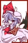  bat_wings border brooch gem hat jewelry mob_cap ofuda outstretched_arms pink_hat red_eyes red_neckwear remilia_scarlet silver_hair simple_background smile solo take_tonbo touhou vampire white_background wings 