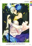  bangs bare_shoulders blunt_bangs border brown_eyes dress dtcy flower from_side gwendolyn hair_flower hair_ornament hairband highres long_sleeves mikazuki_akira! odin_sphere profile scales silver_hair sitting solo strapless strapless_dress white_dress 