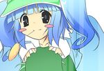  blue_dress blue_eyes blue_hair blush_stickers close-up closed_mouth dress face green_hat hat itose_ikuto kawashiro_nitori long_sleeves looking_at_viewer mouth_hold solo touhou two_side_up upper_body 