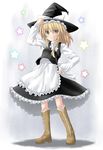  apron arm_up blonde_hair boots braid brown_footwear full_body hat iseki_mitsuharu kirisame_marisa knee_boots long_sleeves looking_at_viewer single_braid solo standing star thighhighs touhou waist_apron witch_hat zettai_ryouiki 