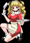  black_background blonde_hair blue_eyes boin bow bowtie breasts cleavage food happoubi_jin ice_cream large_breasts long_hair mary_janes one_knee receipt shoes smile solo sundae tray tsukushino_mitsugu twintails waitress wavy_hair 