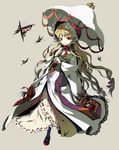  banned_artist blonde_hair bonnet bug butterfly dress embellished_costume floating_hair frills full_body hair_ribbon insect light_smile long_hair looking_at_viewer mary_janes parasol ribbon shoes simple_background solo tabard touhou umbrella very_long_hair wide_sleeves yakumo_yukari yoshii 