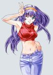  90s artist_request blue_eyes casual denim hairband jeans kidou_senkan_nadesico long_hair midriff misumaru_yurika one_eye_closed pants purple_hair solo v 