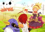  1girl :d ^_^ ^o^ adell_(disgaea) ahoge anger_vein blonde_hair bow closed_eyes creature detached_sleeves disgaea dress full_body long_sleeves makai_senki_disgaea_2 nekokun open_mouth outstretched_arm pointy_ears ponytail prinny punching purple_dress red_hair rozalin smile strapless strapless_dress surprised translated yellow_bow 