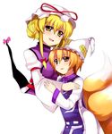  :d blonde_hair dress fox_tail hat hug long_sleeves looking_at_viewer multiple_girls multiple_tails open_mouth pillow_hat red_eyes short_hair simple_background smile subaru_(yachika) tabard tail tassel touhou white_background white_dress wide_sleeves yakumo_ran yakumo_yukari yellow_eyes 