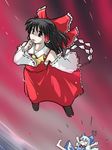  black_eyes black_hair bow cirno detached_sleeves falling flying full_body gohei hair_bow hakurei_reimu holding long_sleeves looking_at_viewer multiple_girls red_bow solo_focus stick touhou yuzukineko 