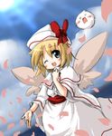  alternate_hairstyle blonde_hair blue_eyes hat kedama lily_white petals short_hair solo touhou vu_(oyavun) wings 