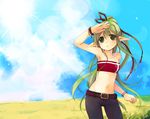  bandeau bare_shoulders belt cloud copyright_request day denim green_eyes green_hair jeans midriff misaki_kozue pants pointy_ears ponytail sky solo strapless tubetop 