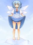  :o bad_id bad_pixiv_id barefoot bow cirno dress frog frozen frozen_frog full_body ice looking_down ofuro_mantarou open_mouth panties skirt_basket solo standing touhou underwear 