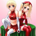  armor beret blonde_hair blue_eyes blush censored cleavage_cutout cross_hermit dress hat heart heart_censor japanese_armor knees_up long_hair looking_at_viewer midriff multiple_girls navel red_dress shiraki_(artist) short_hair shoulder_armor sitting smile sode stomach thighhighs white_legwear zettai_ryouiki 