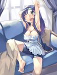  armpits arms_up barefoot bike_shorts blanket breasts cleavage couch faris_scherwiz feet final_fantasy final_fantasy_v indoors large_breasts mikage_sekizai one_eye_closed sitting sleepy soles solo stretch toes waking_up window 