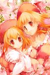  blonde_hair copyright_request flower gloves hanpen multiple_girls orange_eyes red_eyes 