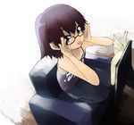 :p adjusting_eyewear atahuta book brown_eyes brown_hair camisole chair copyright_request glasses looking_at_viewer open_book seiza short_hair sitting solo tongue tongue_out 