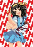  bangs blue_sailor_collar blue_skirt kita_high_school_uniform pointing sailor_collar school_uniform serafuku skirt solo suzumiya_haruhi suzumiya_haruhi_no_yuuutsu toudori 