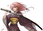  blue_eyes copyright_request japanese_clothes katana kimono kurojishi red_hair sheath solo sword unsheathing weapon 