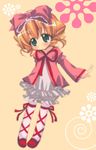  arm_behind_back artist_request blonde_hair blush bow cross-laced_legwear drill_hair full_body green_eyes hair_bow hina_ichigo long_sleeves looking_at_viewer orange_hair pink_bow ribbon rozen_maiden solo standing tareme twin_drills 