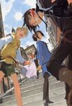  3boys bonnie_magee cleo_everlastin constance_magee hat highres jpeg_artifacts keith_royal kusaka_yuuya majic_lin majutsushi_orphen multiple_boys multiple_girls orphen pantyhose scan stairs 