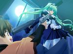  1girl at_gunpoint blue_eyes breasts covered_nipples desert_eagle elbow_gloves emupii_maid_promotion_master game_cg gloves green_hair gun gun_to_head handgun holding holding_gun holding_weapon homura_yukine long_hair m1911 maid medium_breasts mexican_standoff moon night one_eye_closed pistol smile sweatdrop tamahiyo tears thighhighs twintails weapon white_legwear window 