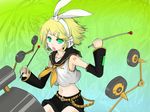  :o arm_tattoo bad_id bad_pixiv_id bangs bare_shoulders belt belt_buckle black_shorts blonde_hair blue_eyes breasts buckle collarbone crop_top detached_sleeves drumsticks gradient gradient_background green_eyes hair_ornament hairclip holding kagamine_rin long_sleeves multicolored multicolored_eyes nail_polish navel number_tattoo open_mouth sasurai_susuki school_uniform serafuku shirt short_hair shorts sitting sleeveless sleeveless_shirt small_breasts solo stomach swept_bangs tattoo treble_clef vocaloid yellow_nails 