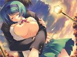  1girl breasts closed_eyes cloud couple dutch_angle gakuran game_cg green_hair hetero hug lamppost large_breasts mitsumi_misato road school_uniform short_hair skirt sky smile street to_heart_2 yoshioka_chie 