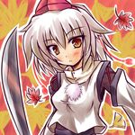  animal_ears detached_sleeves fishnets hat inubashiri_momiji leaf orange_eyes pom_pom_(clothes) sazetsu short_hair silver_hair solo sword tokin_hat tokiniwa touhou weapon wolf_ears 