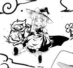  amaterasu crossover greyscale grin kiku_hitomoji kirisame_marisa monochrome ookami_(game) sitting smile solo touhou 