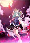  anime_coloring aqua_hair belt blue_eyes bow cherry_blossoms flower hat moon night petals rod_of_remorse shiki_eiki short_hair skirt solo spider_lily tokiame touhou wind 