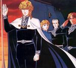  3boys artist_request blonde_hair cape ginga_eiyuu_densetsu hand_wave hildegard_von_mariendorf military military_uniform multiple_boys paul_von_oberstein reinhard_von_lohengramm salute uniform wolfgang_mittermeyer 