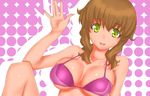  :d bad_id bad_pixiv_id bare_arms bare_shoulders bikini bikini_top blush breasts brown_hair christina_sierra cleavage collarbone green_eyes gundam gundam_00 knees_up large_breasts looking_at_viewer open_mouth pink_background pink_bikini rokuichi short_hair sidelocks simple_background smile solo swimsuit waving 