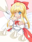  blonde_hair blue_eyes blush bow cake food food_on_face hair_bow icing long_hair no_pupils pastry pastry_bag ry sexually_suggestive shanghai_doll smile solo touhou 