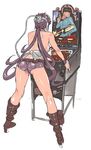  ass backless_outfit boots breasts denim denim_shorts junny large_breasts long_hair original pinball ponytail purple_hair shorts sideboob solo 