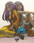  bikini_top circlet closed_eyes copyright_name d: dark_skin dragon_quest dragon_quest_iv dress feet hat long_hair manya minea multiple_girls nichiq open_mouth pelvic_curtain purple_eyes purple_hair sandals siblings sisters slime slime_(dragon_quest) smile yellow_dress 