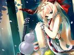  blonde_hair chain guitar horns ibuki_suika instrument long_hair petals ribbon shino_(eefy) solo touhou 