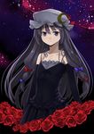  alternate_costume bad_id bad_pixiv_id black_dress black_gloves bow collarbone crescent dress elbow_gloves flat_chest flower formal gloves hair_bow hat ichikura_(bk) night night_sky patchouli_knowledge purple_eyes purple_hair red_flower red_rose rose sky solo star star_(sky) staring starry_sky touhou 