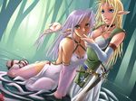  blonde_hair breasts cleavage copyright_request dagger dark_skin elf fantasy flower large_breasts multiple_girls pointy_ears purple_hair rose shiraki_(artist) sword thighhighs weapon 