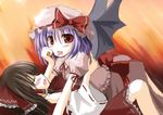  bat_wings bow brown_hair frilled_bow frills hair_bow hakurei_reimu hat hat_ribbon looking_at_viewer mashayuki mob_cap multiple_girls pink_hat pink_shirt puffy_short_sleeves puffy_sleeves purple_hair red_bow red_eyes red_ribbon remilia_scarlet ribbon saliva shirt short_sleeves tongue touhou wings yuri 