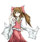  bow brown_eyes brown_hair detached_sleeves hair_bow hair_tubes hakurei_reimu long_hair looking_at_viewer simple_background smile solo touhou white_background yuuhodou 